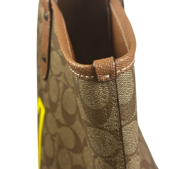 Coach & Keith Haring Monogram Brown Tan Tote Bag with Yellow Barking Dog - Picture 4 of 13